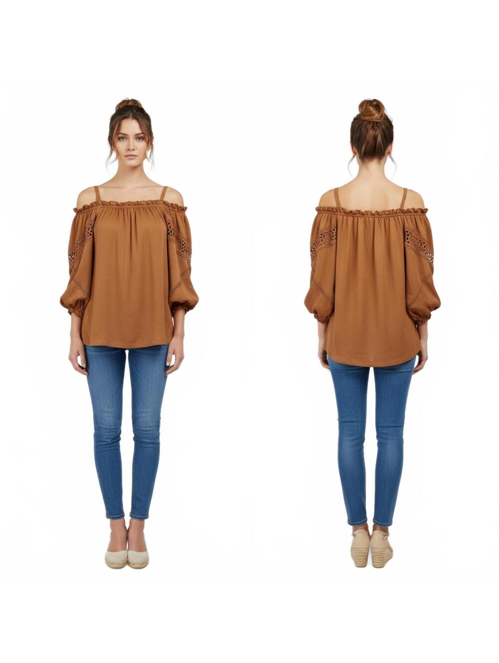 Max Studio Peasant Blouse Crochet Trim Boho Chic Top Brown Small